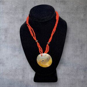 Vintage Red Beaded Necklace With Spiral Shell Pendant & Button Closure